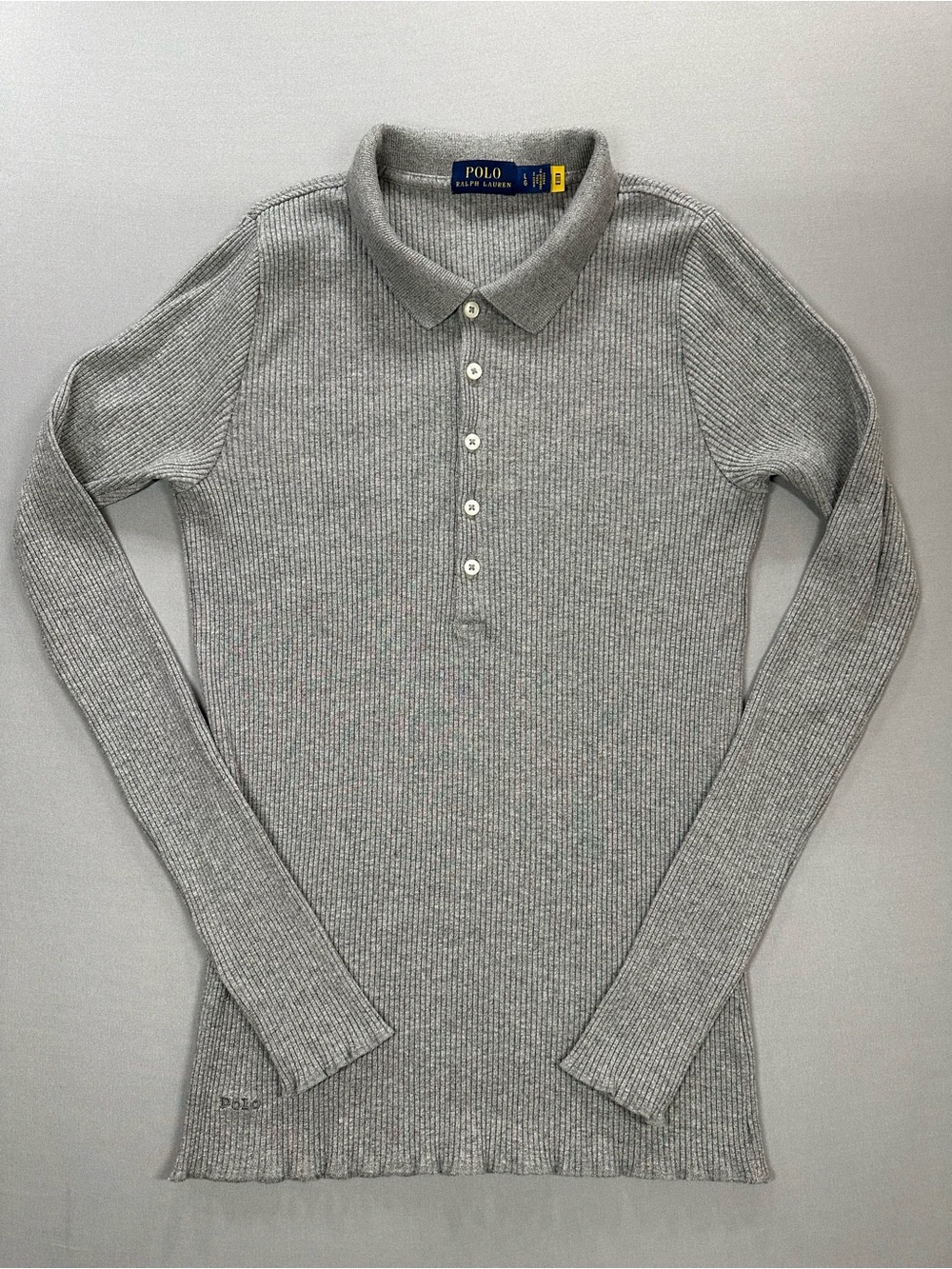Polo Ralph Lauren Ribbed Long-Sleeve Polo Shirt, 5-Button Placket - Womens Large